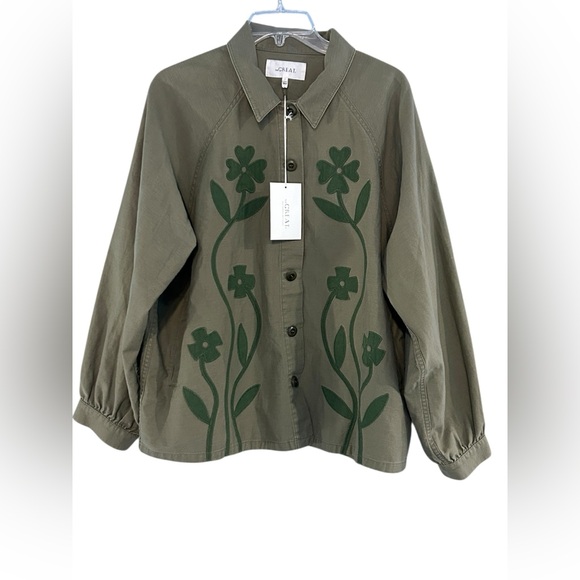 THE GREAT. Jackets & Blazers - The Great Floral Applique Jacket Commodore Army Green Pockets NWT Size 3/Large